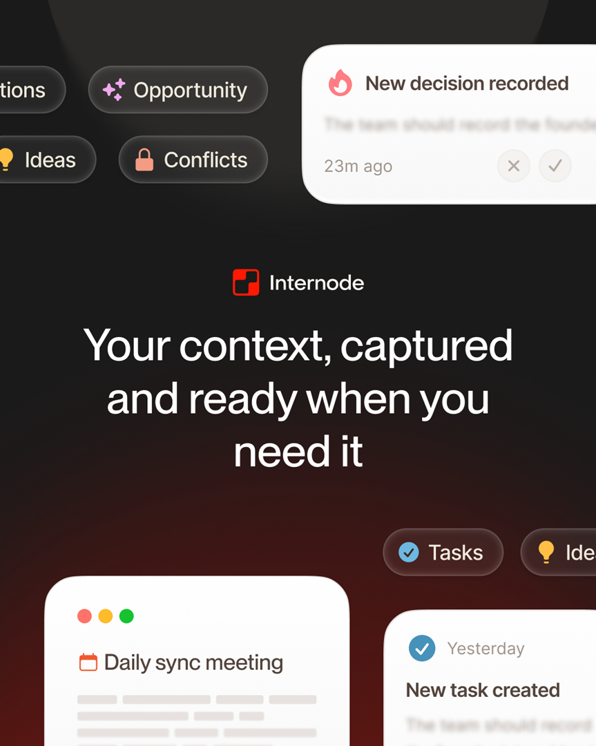 Internode captures team context across opportunities, ideas, conflicts, tasks and decisions so knowledge is ready when you need it.