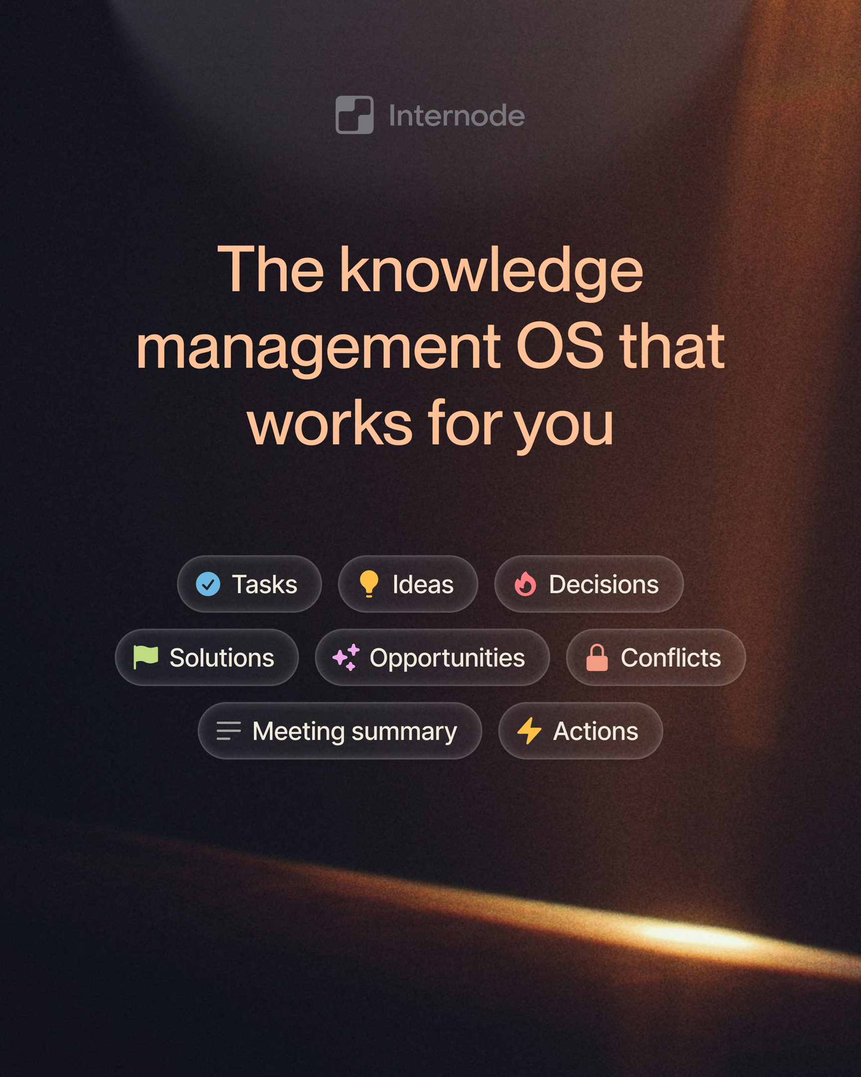 Internode knowledge management OS covering tasks, ideas, decisions, opportunities, conflicts, meetings and action items.